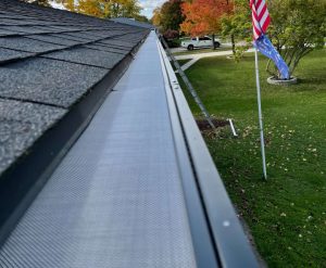 Close-up of a gutter guard extending along the roof's edge below the shingles of a home